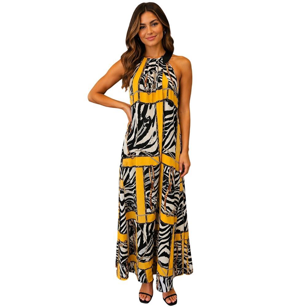 Zebra yellow high neck drapey layering dress cover up large EUC maxi lightweight